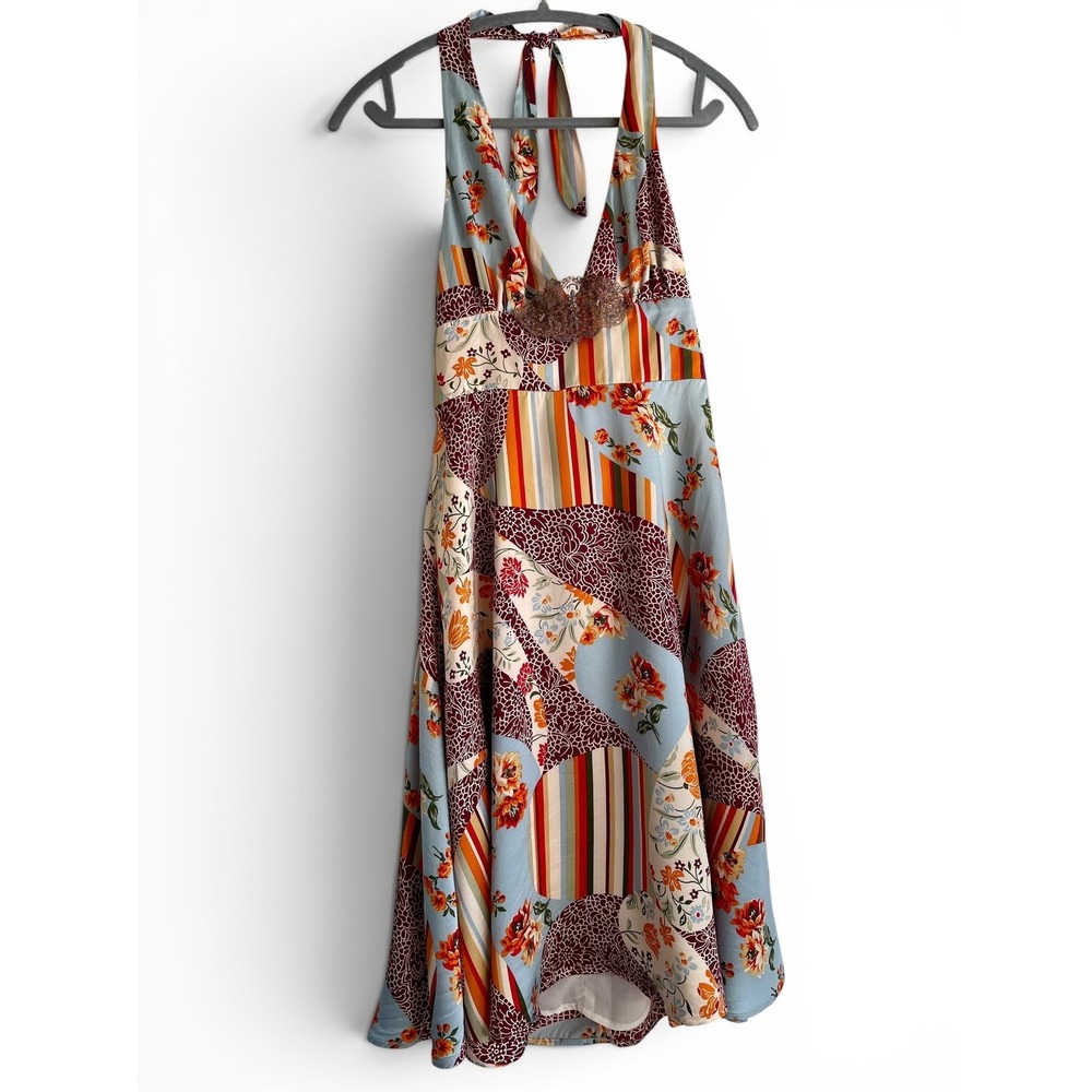 Vintage 90s NOTICE 100% Silk Patchwork Floral Halter Dress 6 (Fits XS) Boho Chic